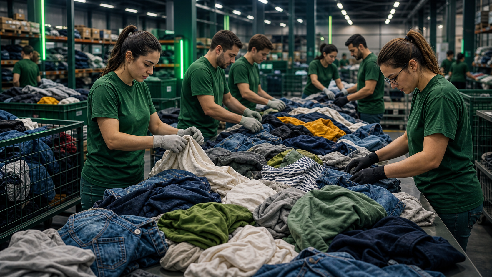 Pracownicy sortujący odzież w sortowni Omon Recykling